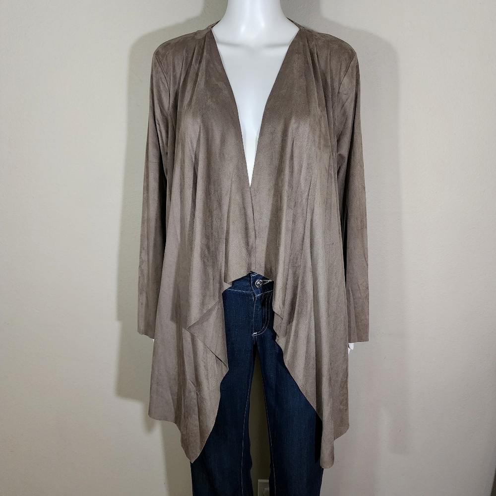 (EUC) INTRO. Taupe Faux Suede Waterfall Cardigan Jacket
